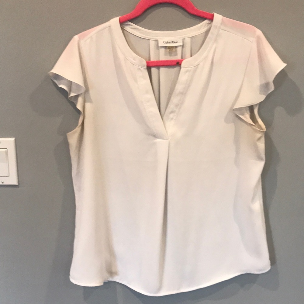Calvin Klein Cream Short Sleeve Split Neck Blouse